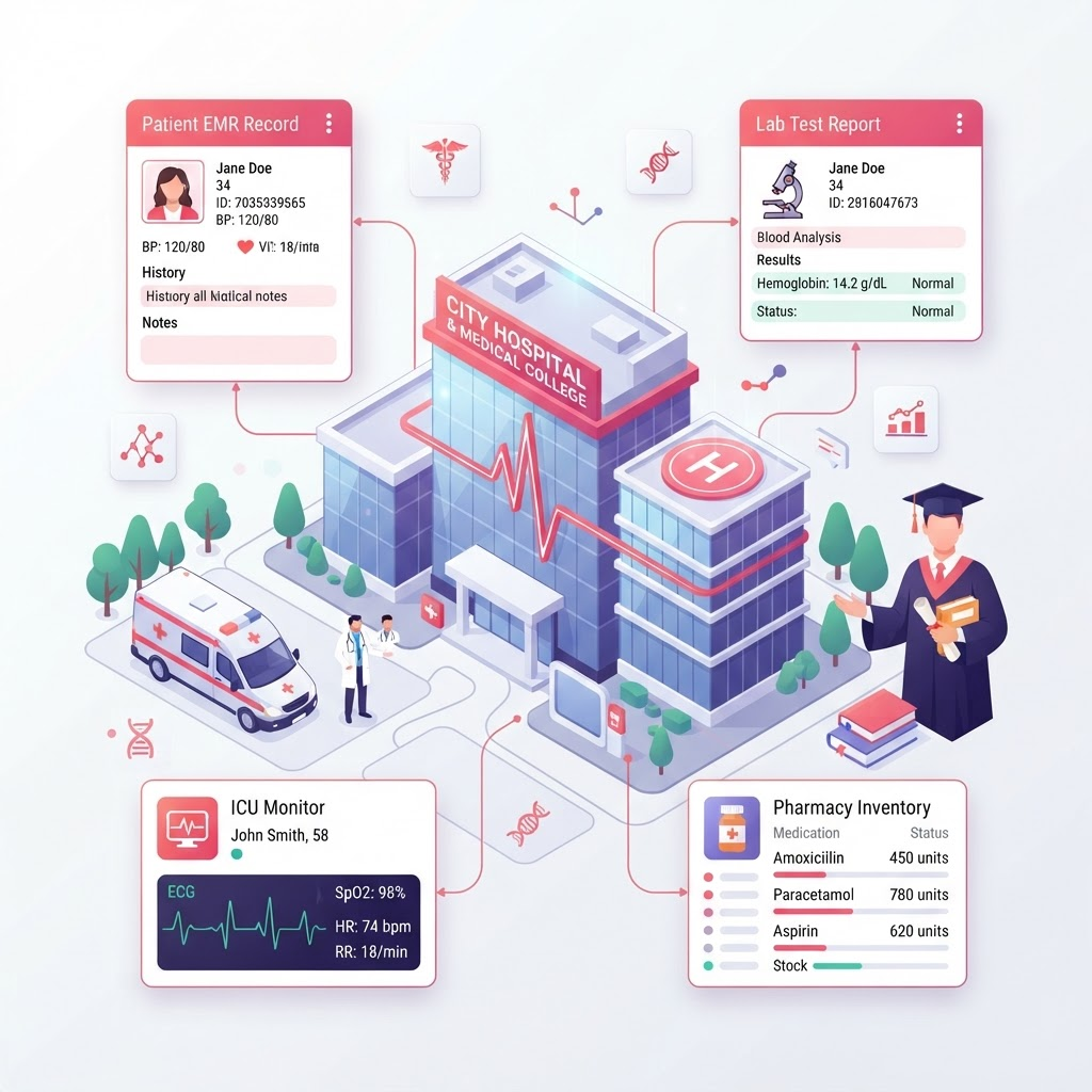 Loparna Medical College & Hospital Solution — HIMS + Medical College ERP illustration